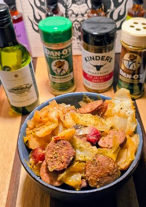 A picture of Larry's (next lvl) sausage and cabbage.