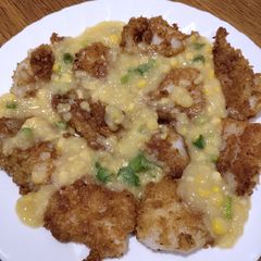 A picture of Fish Fillet with Cream Corn Sauce.