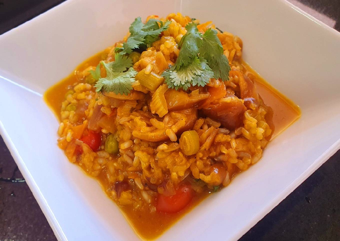 Arroz integral caldoso con verduras, shiitake y miso