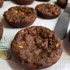 A picture of Chocolate Reeses pieces cookies in muffin tins.