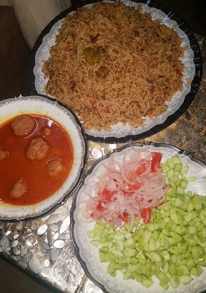 A picture of Achari Moon Pulao with Beef Kofta.