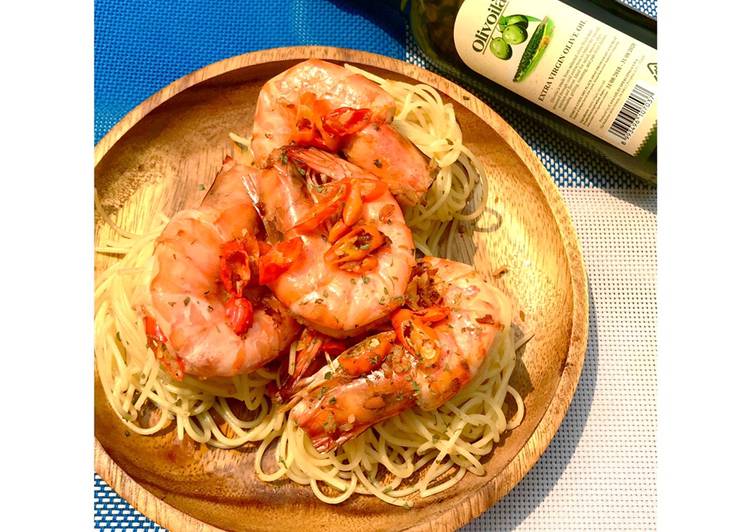 Langkah Mudah untuk Menyiapkan Spicy Shrimp Pasta Aglio Olio with Olivoilà Anti Gagal