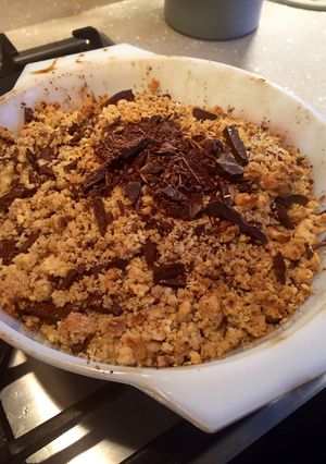 A picture of Pear, Hazelnut & Bournville Dark Chocolate Crumble 🍐🍫.