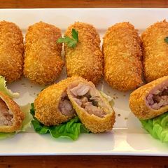 Taro croquettes with char siu pork stuffing A picture of Taro croquettes with char siu pork stuffing.