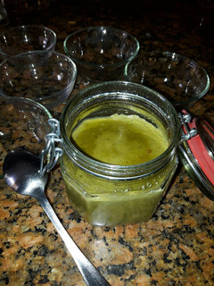 A picture of Almond milk Matcha pudding.