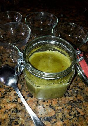 A picture of Almond milk Matcha pudding.
