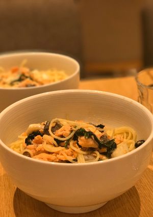 A picture of Salmon spaghetti.