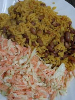 A picture of Rice Beans and coleslaw.