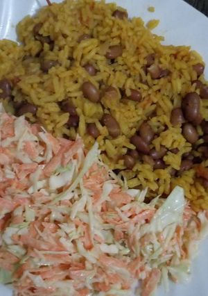 A picture of Rice Beans and coleslaw.
