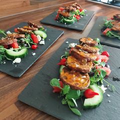 A picture of Sweet Potato and Mango salad starter (Ve).