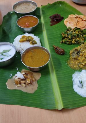 A picture of #OSR#Onam Sandhya will be served in banana leaves all varieties.