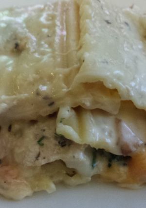 A picture of Alfredo Chicken Lasagna.