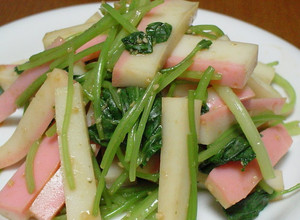 A picture of Kamaboko and Mitsuba Tossed in Wasabi-Soy Sauce.