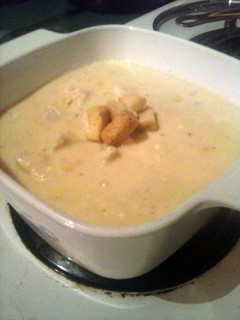 A picture of Brad's creamy cheesey chicken corn chowder.