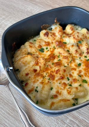 Une photo de Gnocchis 3 fromages gratinés à l’air fryer : gorgonzola, parmesan, mozzarella