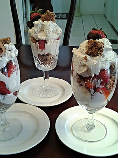 A picture of Chocolate Angel food Cake Parfait with Strawberry Cream.