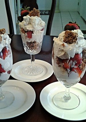 A picture of Chocolate Angel food Cake Parfait with Strawberry Cream.