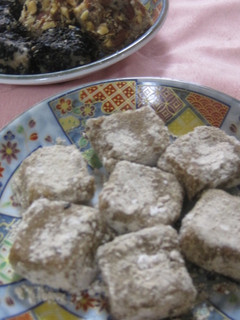 A picture of Okara Mochi with Roasted Barley or Kinako Flour.