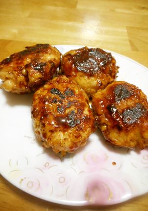 A picture of Teriyaki Chicken Meatballs with Enoki Mushrooms.