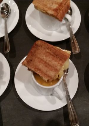 A picture of Mini soup and Grill Cheese.