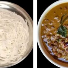 A picture of Idiyappam and kadalai curry.