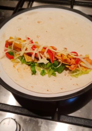 A picture of Fajita wraps and paprika fries.
