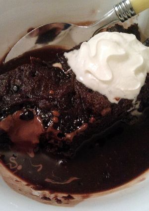 A picture of Vickys Self-Saucing Chocolate Brownie Pudding, GF DF EF SF NF.