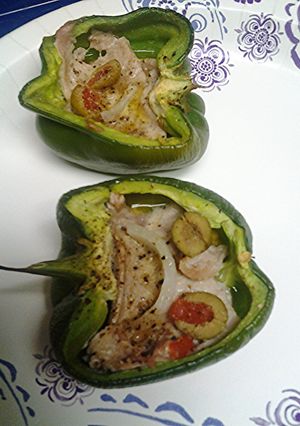 A picture of Tuna steak stuffed peppers.