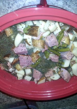A picture of Crockpot Ham, green bean, potato soup.