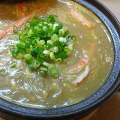 A picture of Harusame Bean Noodles and Crab Miso (Innards) Stew.