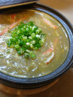 A picture of Harusame Bean Noodles and Crab Miso (Innards) Stew.