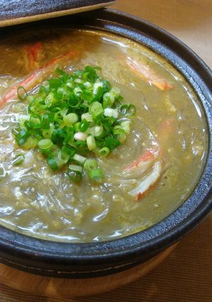 A picture of Harusame Bean Noodles and Crab Miso (Innards) Stew.