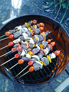 A picture of skewered beef.