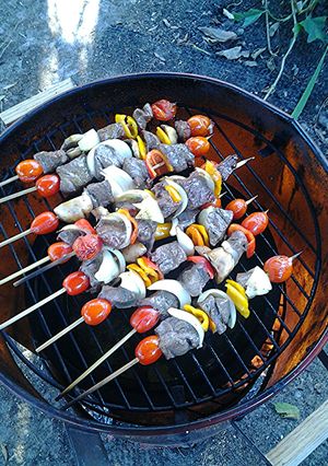 A picture of skewered beef.