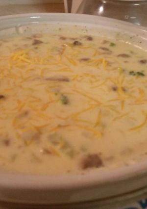 A picture of Slow-cooked Three Cheese Broccoli Soup.