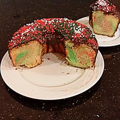 A picture of Peppermint Chiffon Cake with a Chocolate Ganache Glaze.