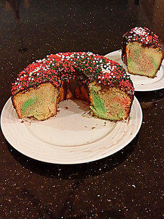 A picture of Peppermint Chiffon Cake with a Chocolate Ganache Glaze.
