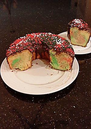 A picture of Peppermint Chiffon Cake with a Chocolate Ganache Glaze.