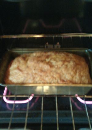 A picture of Berty's Banana Bread with strusle top..