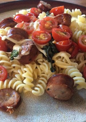 A picture of Caprese Pasta with Sausage.