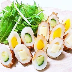 A picture of Chikuwa Stuffed with Cheese, Cucumbers, and Takuan.