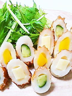 A picture of Chikuwa Stuffed with Cheese, Cucumbers, and Takuan.
