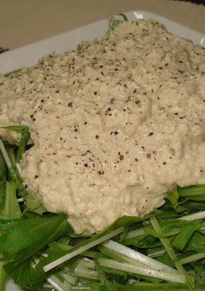 A picture of Mizuna Salad with Tofu Dipping Sauce.