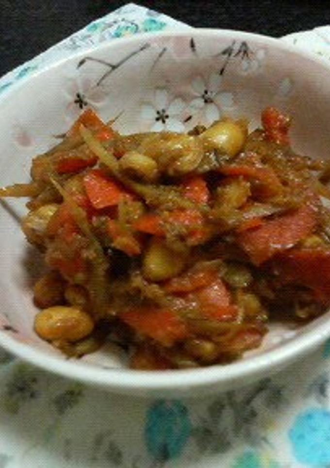 A picture of Soy Beans, Burdock Root, and Carrots with Miso.