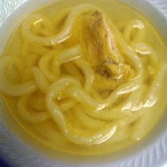A picture of Udon noodle and chicken soup.