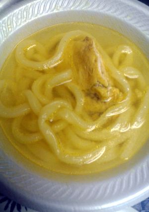 A picture of Udon noodle and chicken soup.