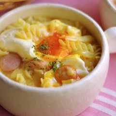 A picture of Gooey, Cheesy Soup Pasta with Soft-Boiled Egg.