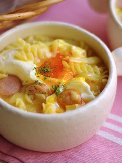 A picture of Gooey, Cheesy Soup Pasta with Soft-Boiled Egg.