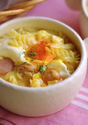A picture of Gooey, Cheesy Soup Pasta with Soft-Boiled Egg.
