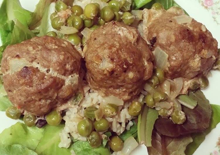 Recipe of Favorite Turkey Meatballs w/ brown rice & peas over a bed of mixed greens